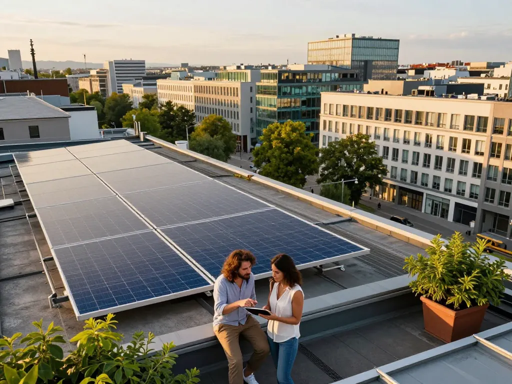 Solar Wien Dach mit Solarpanels und einem Paar, das über Energieeinsparungen diskutiert
