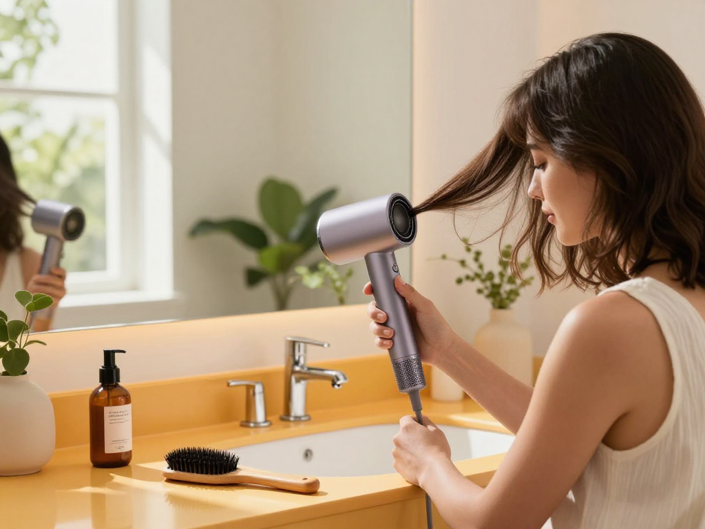 Woman styling hair with a sleek mini hair dryer in a bright, modern bathroom setting.