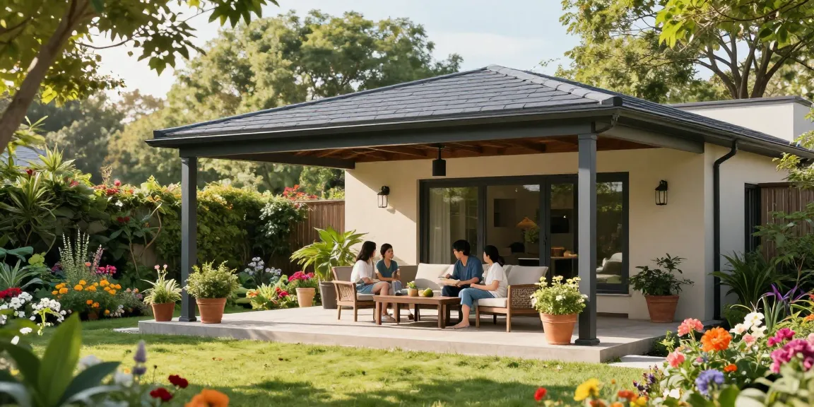 Freistehend Terrassenüberdachung mit Familie in sonnigem Garten