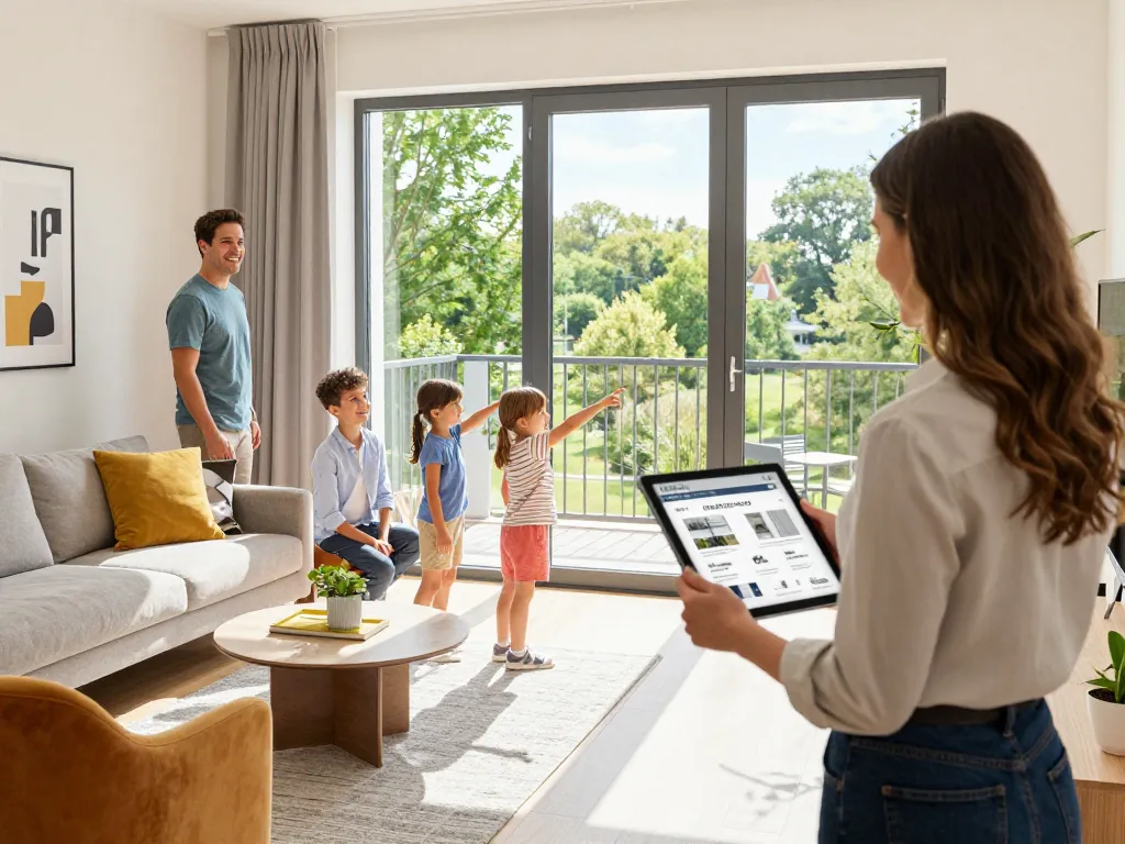 Ansprechende Szene mit Immobilienmakler Frankfurt Riedberg, der eine familienfreundliche Wohnung in einem lebhaften Viertel präsentiert.