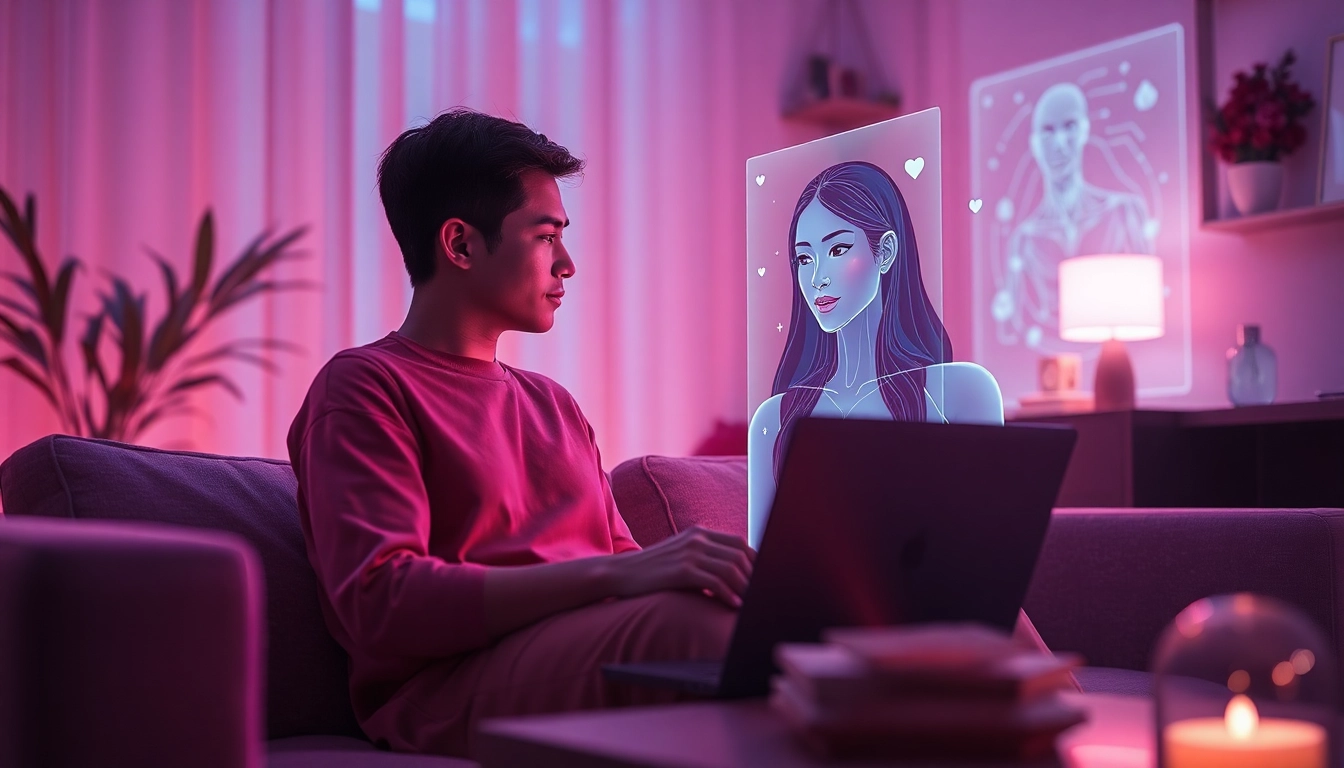 Engaging scene of a user enjoying ai chat porn with a digital AI character in a warm, intimate setting.