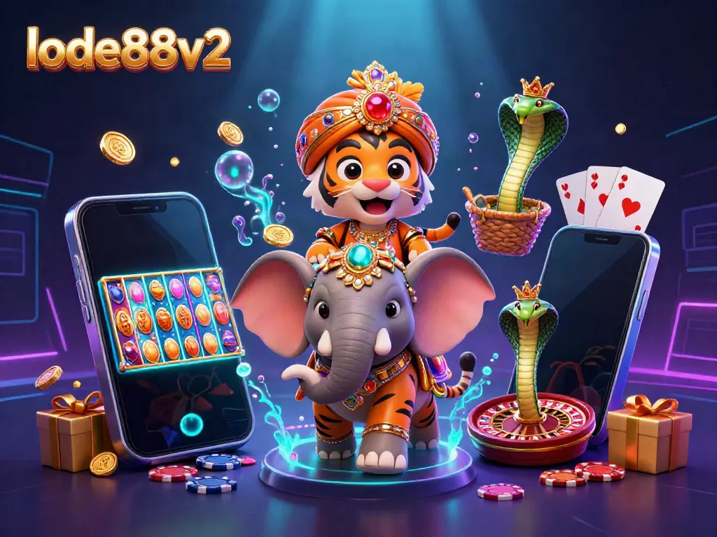 Engage in exciting lode88v2 gaming with the ornate maharaja tiger, elephant, and cobra under vibrant effects.
