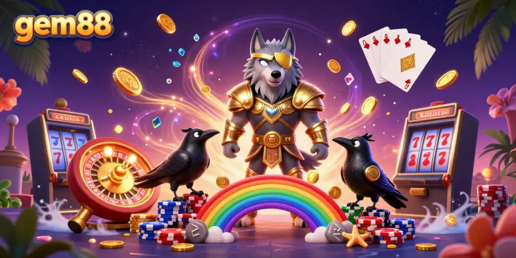 Experience the thrilling energy of gem88 with spinning roulette wheels and vibrant casino elements.