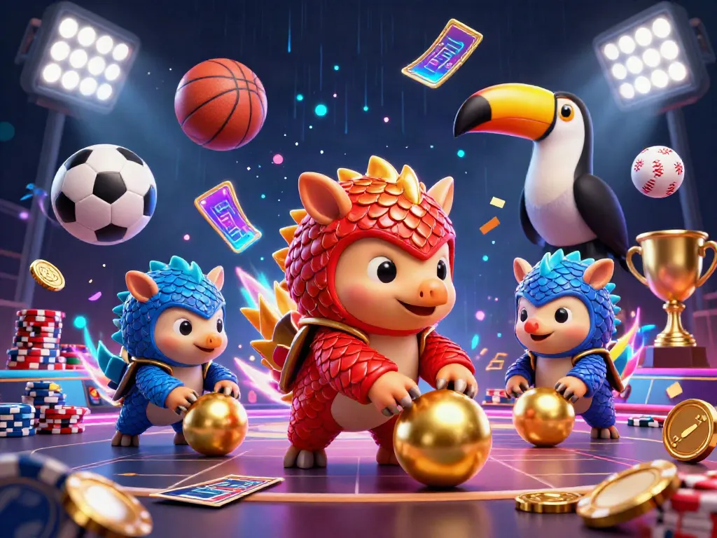 Experience the excitement of SV88 with dynamic pangolins and vibrant casino elements in a colorful 3D illustration.