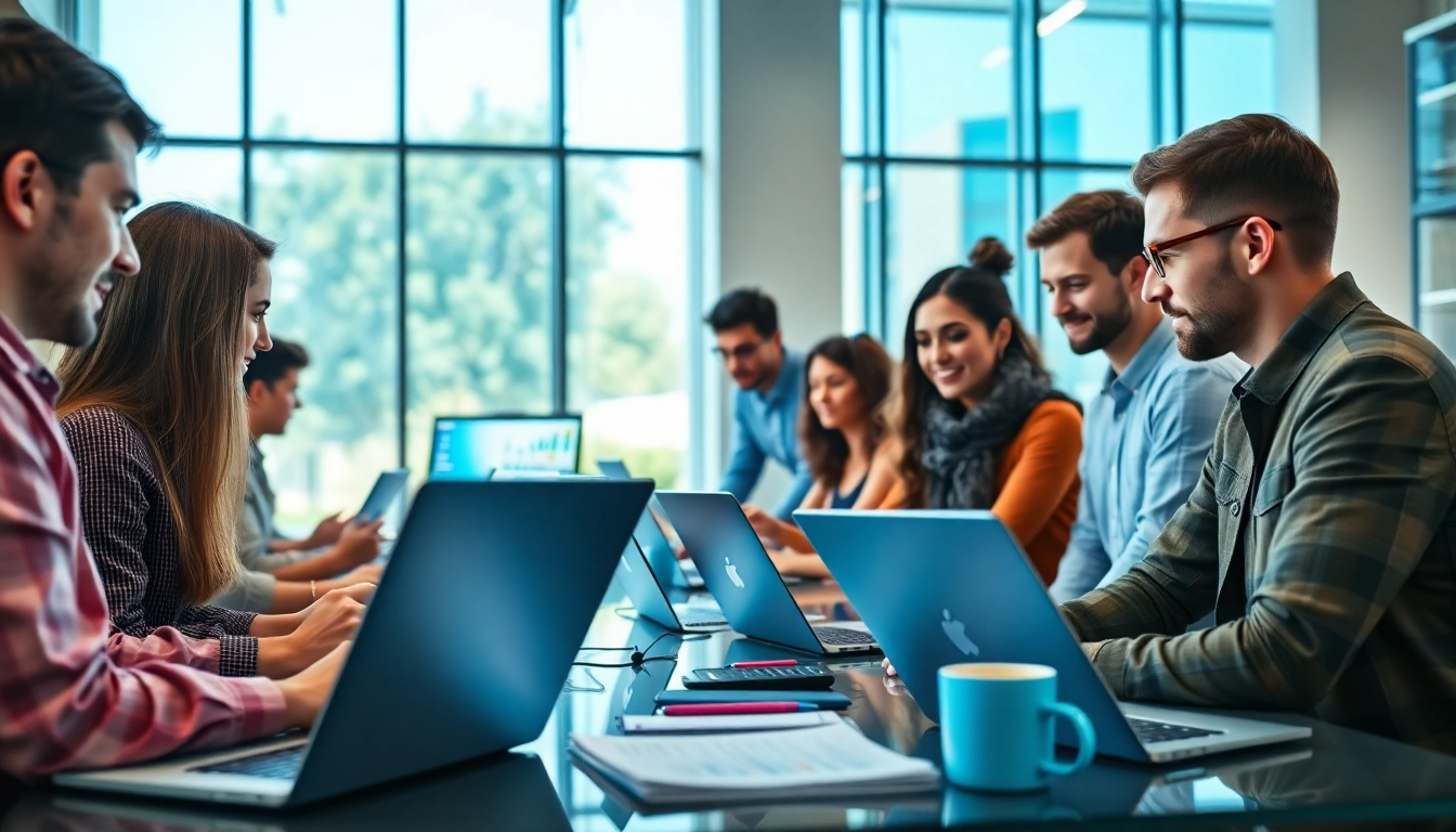 Software Hilfe: Menschen in einem modernen Büro, die mit neuer Technologie arbeiten.