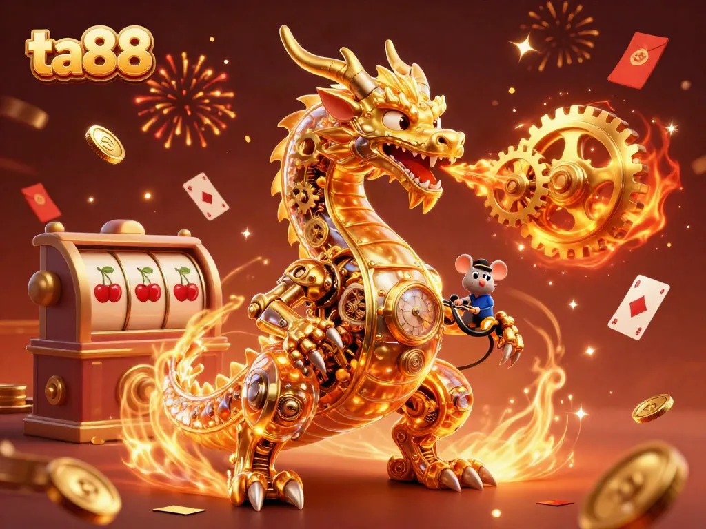 Winning with ta88 at a 3D casino, featuring a dragon and slot reels amidst vibrant festivities.