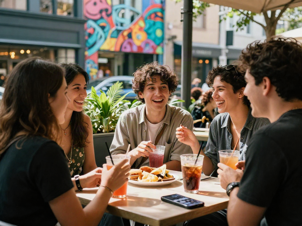 Friends enjoying vibrant outdoor café scene with rokok88 ambiance in a modern city setting.