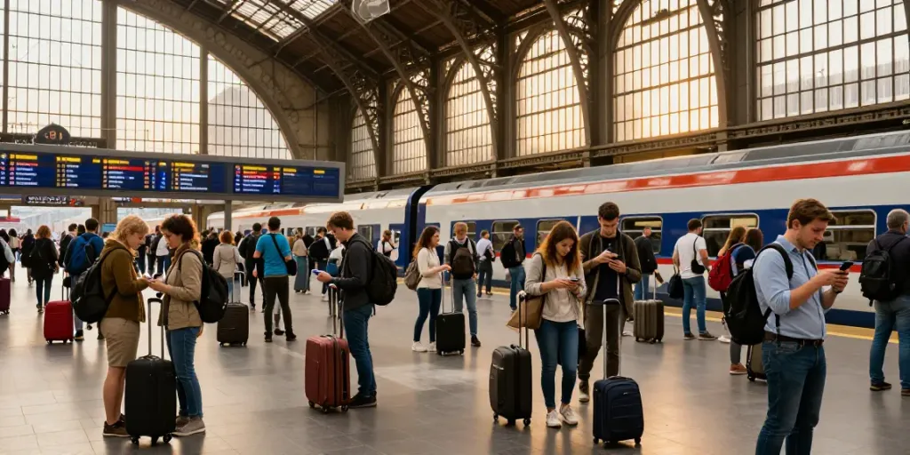 Menschen warten auf Zugtickets in Europa an einem belebten Bahnhof.
