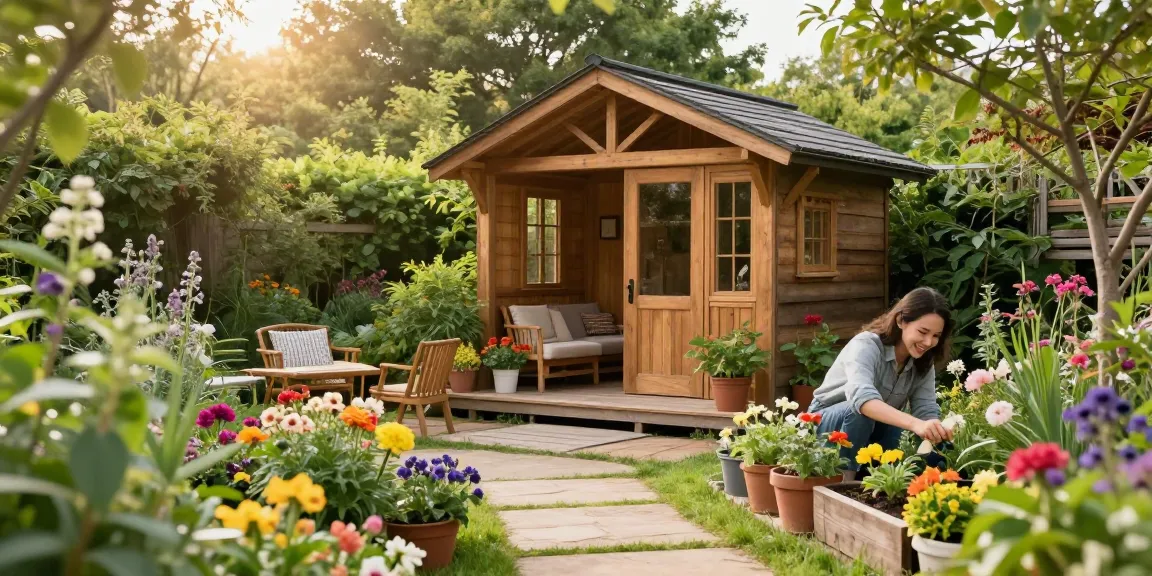 Gartenhaus Holz in schöner Gartenlandschaft mit Blumen und Möbeln.