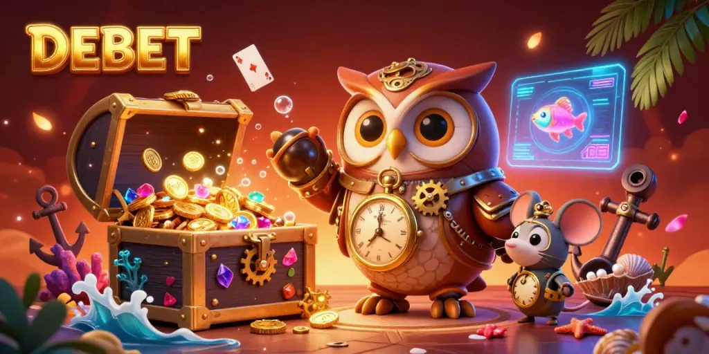 Experience winning strategies with DEBET in this vibrant 3D casino scene, featuring fantasy characters and rich game elements.