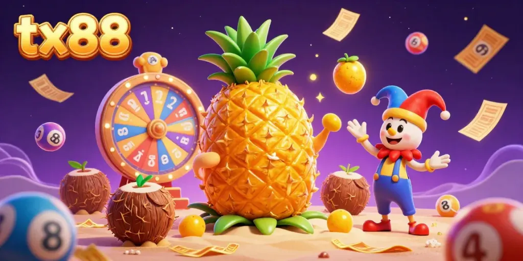 Engage with the dynamic casino scene featuring tx88, a golden pineapple king, lottery elements, and vibrant visuals.