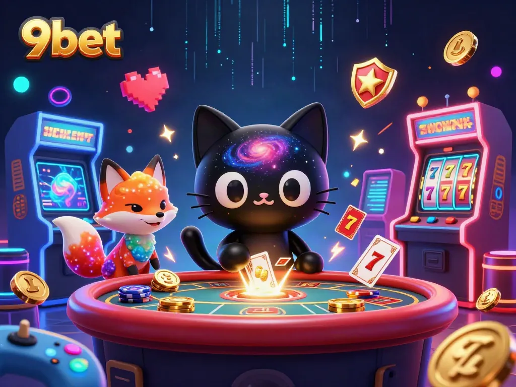Engage with 9bet's vibrant casino experience featuring a cosmic black hole cat and colorful gameplay elements.