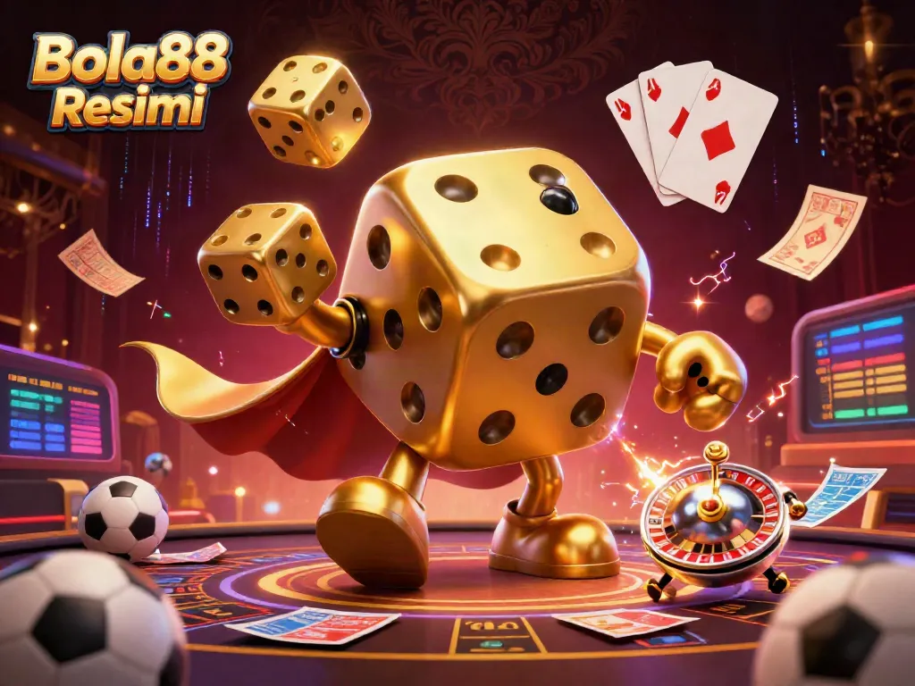 Engage in thrilling sports betting with Bola88 Resmi, featuring a dynamic scene of dice, soccer elements, and stats.