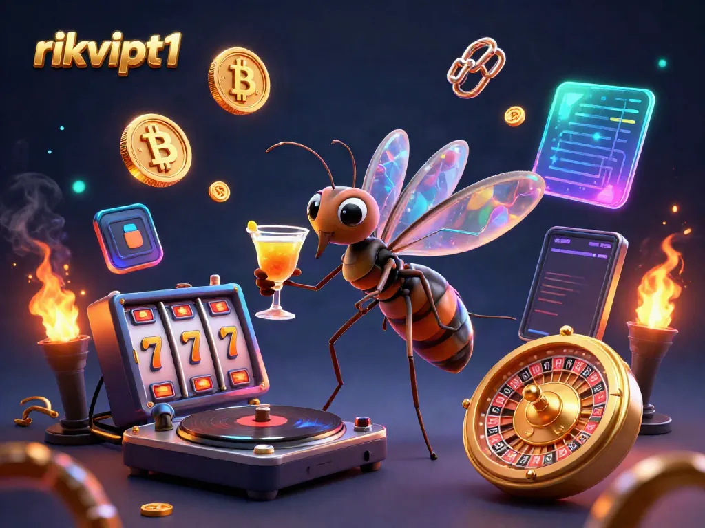 Experience the thrill of slots with rikvipt1, featuring a lively frozen-in-amber mosquito casino mascot.