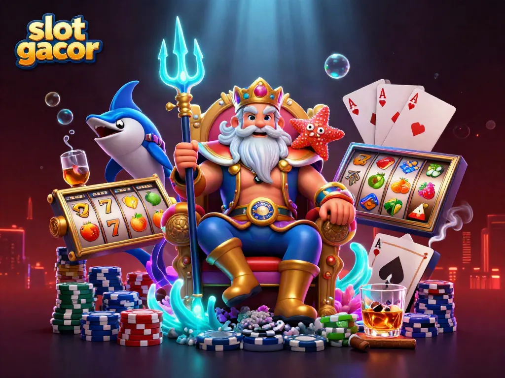 Engage with slot gacor excitement as Neptune, flanked by a swordfish samurai and starfish, reign over a vibrant casino scene.