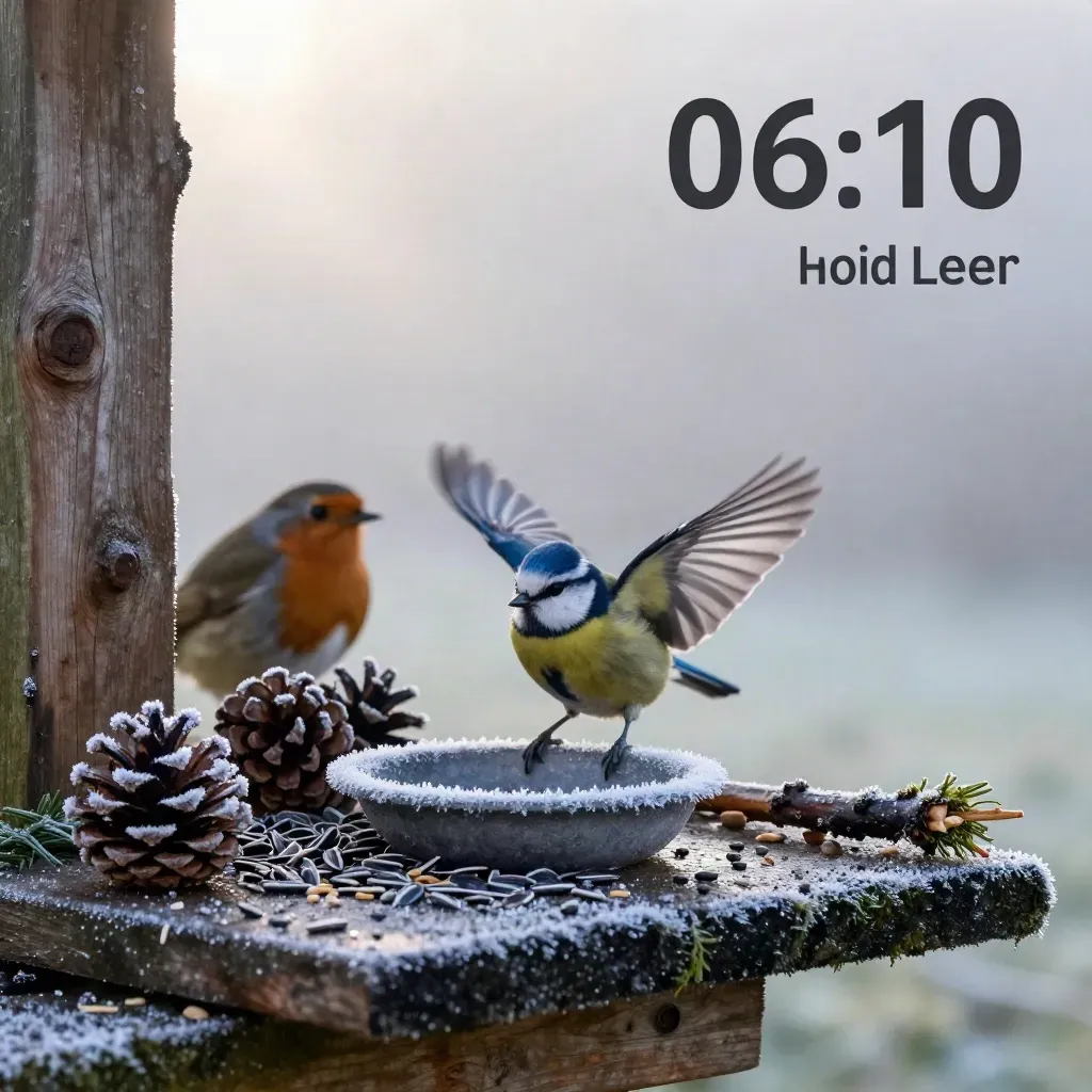 Blaumeise landet auf frostigem Futterbrett im Morgennebel, Rotkehlchen und Tannenzapfen dahinter