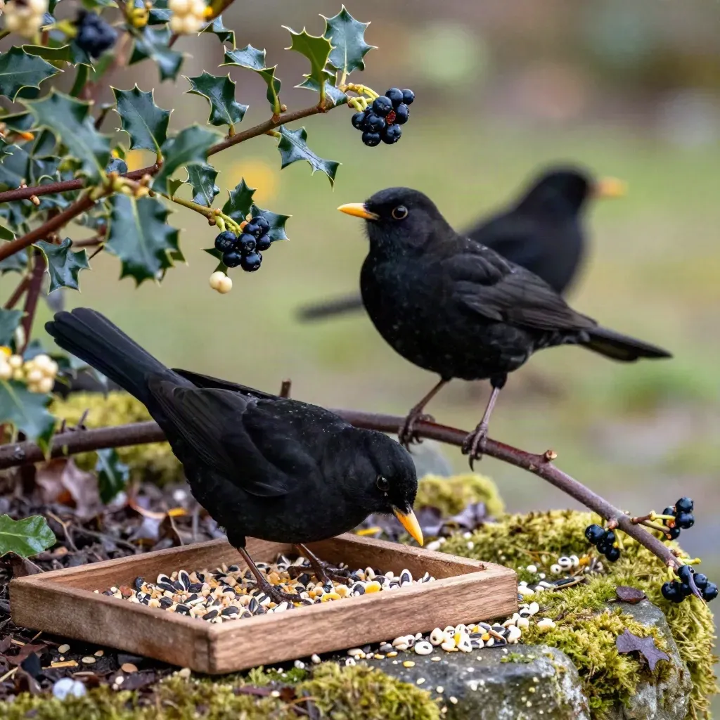 Zwei Amseln am winterlichen Futterplatz mit Beeren, Fettfutter und sanftem Schneefall.