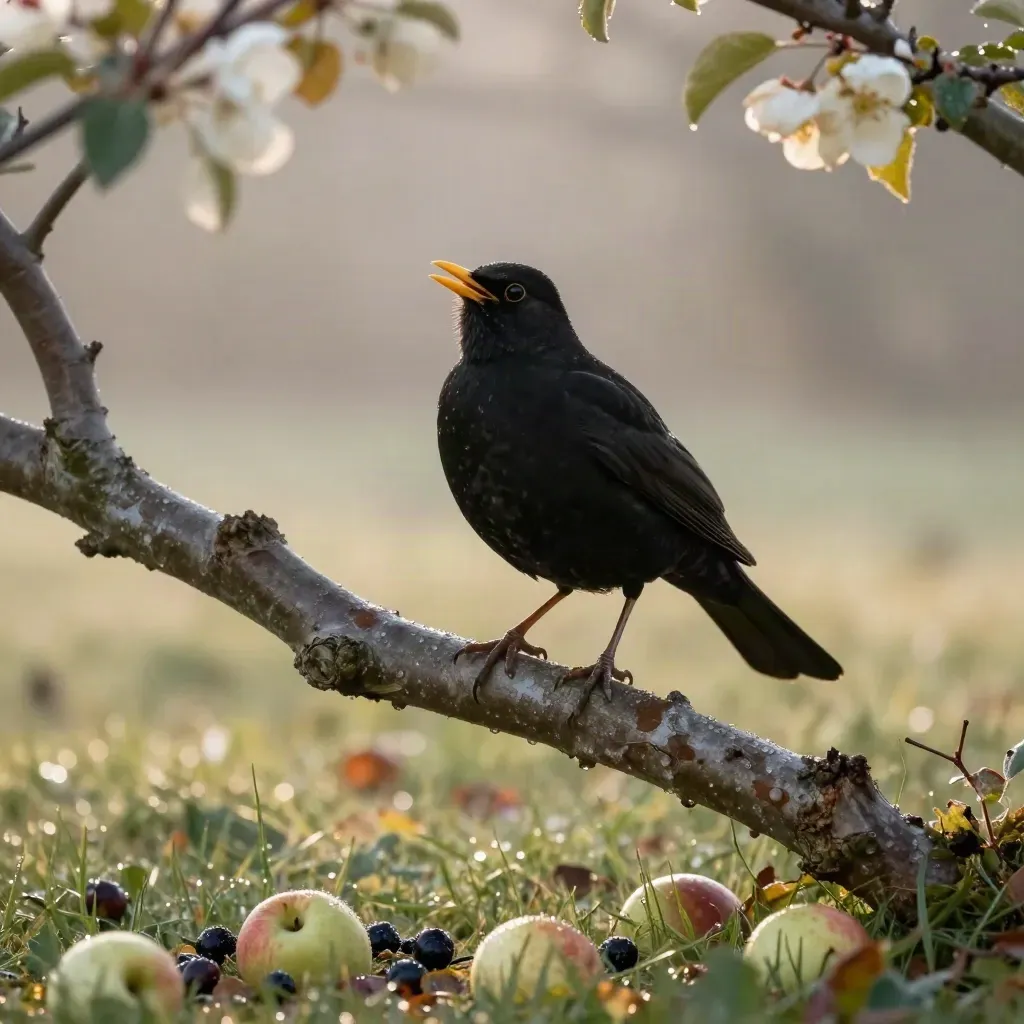 Amsel singt auf Apfelbaumzweig über taunassem Rasen mit Äpfeln und Beeren im Morgennebel