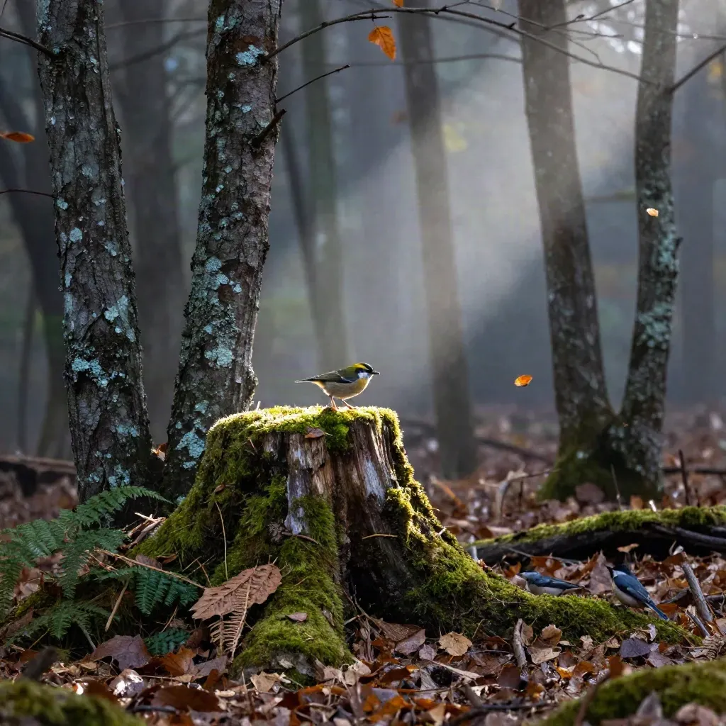 Goldhähnchen, Kleiber und Tannenmeise am moosigen Waldrand im Herbstlaub.