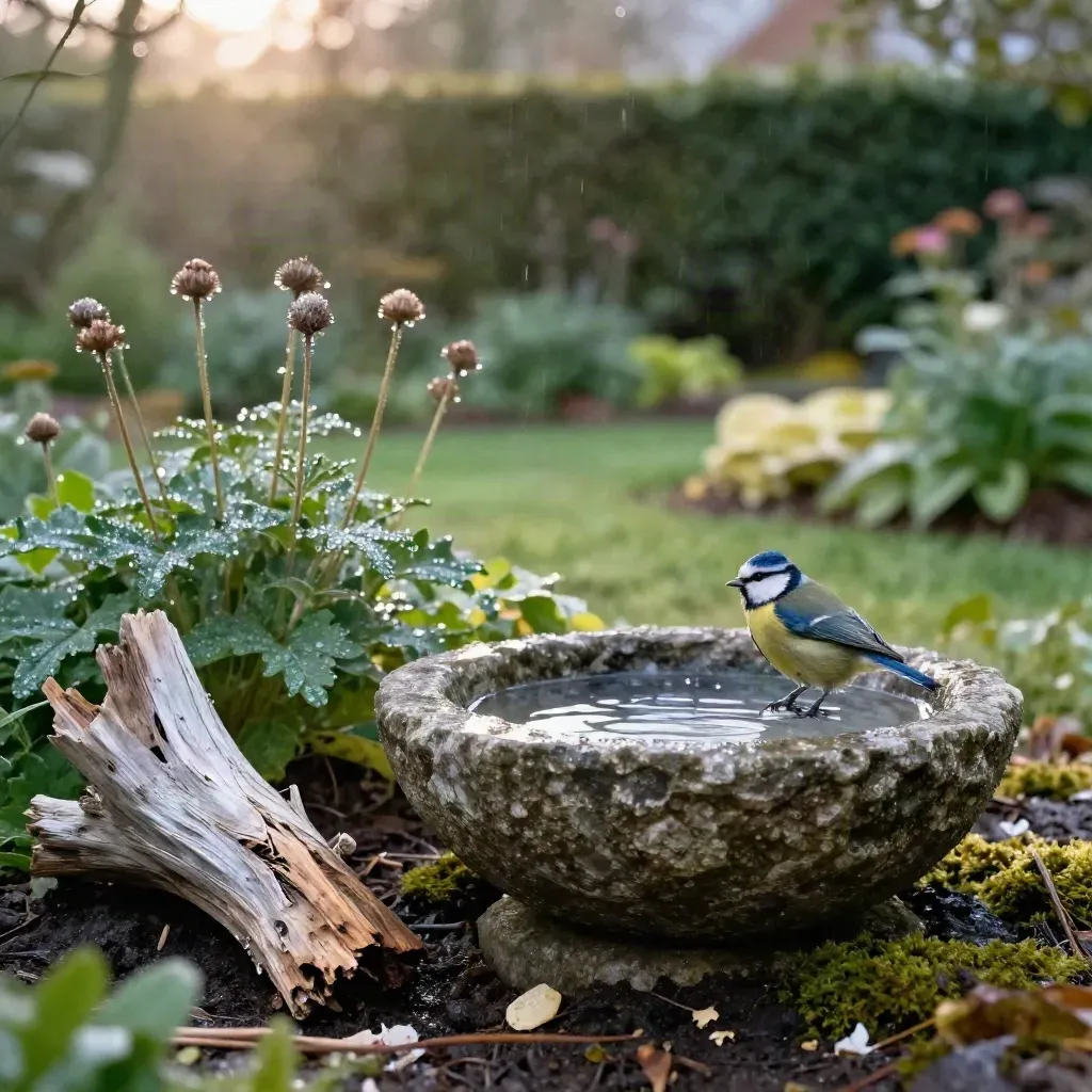 Blaumeise landet an einer feuchten Wasserschale zwischen Totholz und Stauden im Garten.