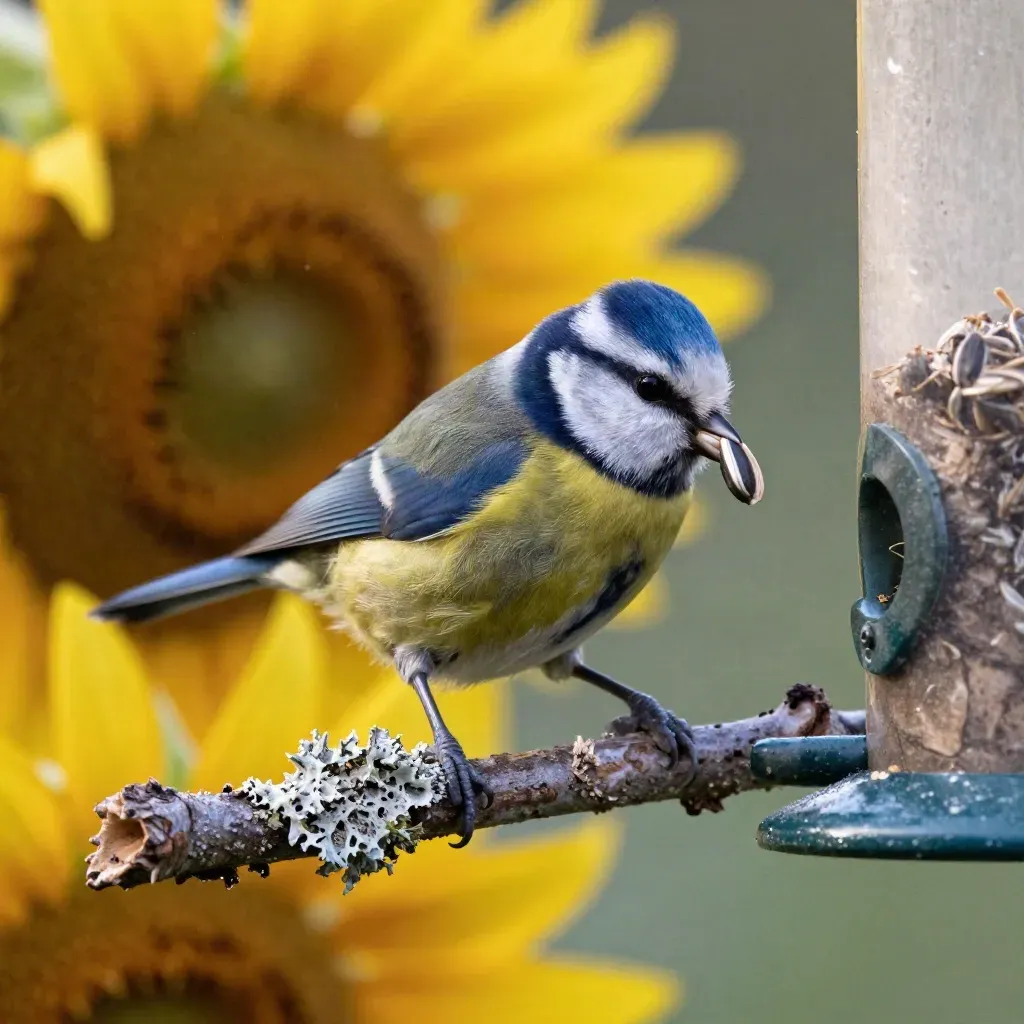 Blaumeise zupft an einer bemoosten Astgabel einen Samen neben Sonnenblumenköpfen.