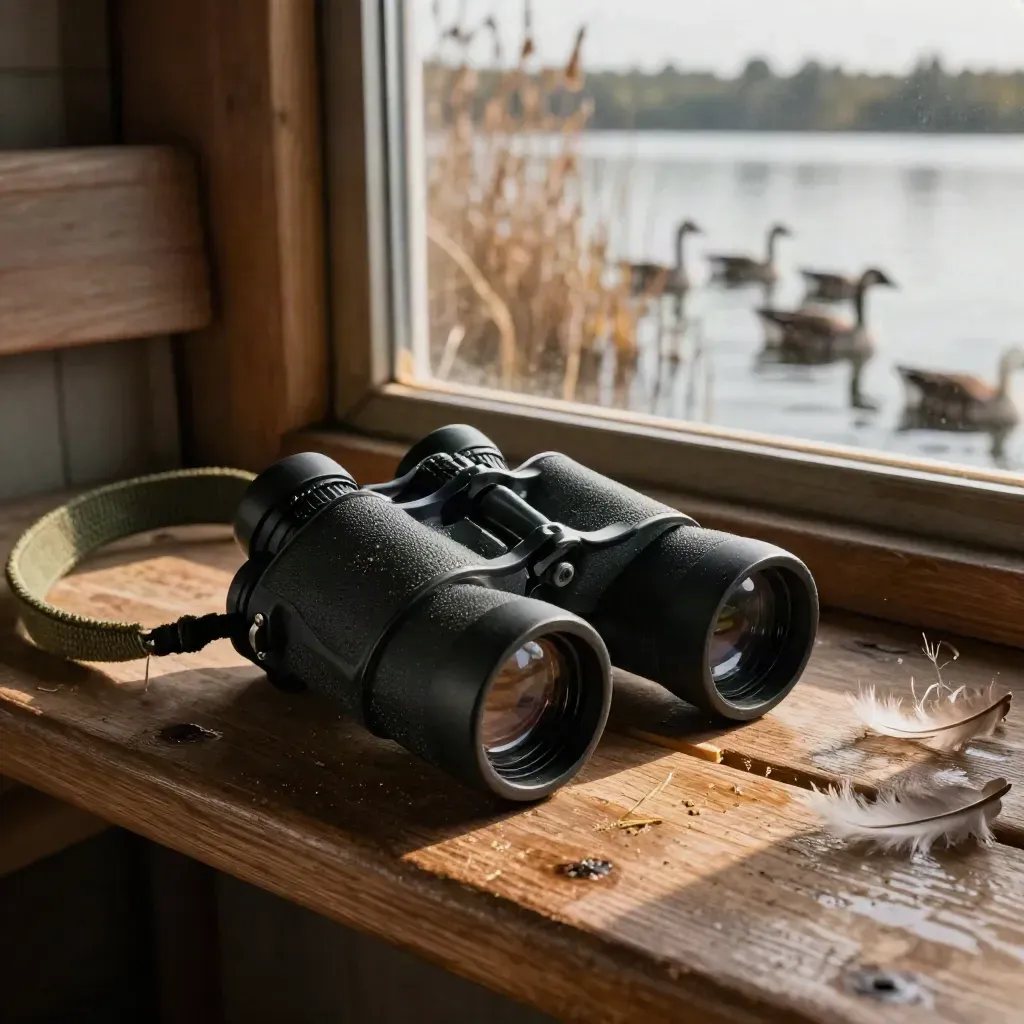 Offene Einsteiger-Ferngläser in einer Seehütte, draußen verschwommene Gänse und Schilf.