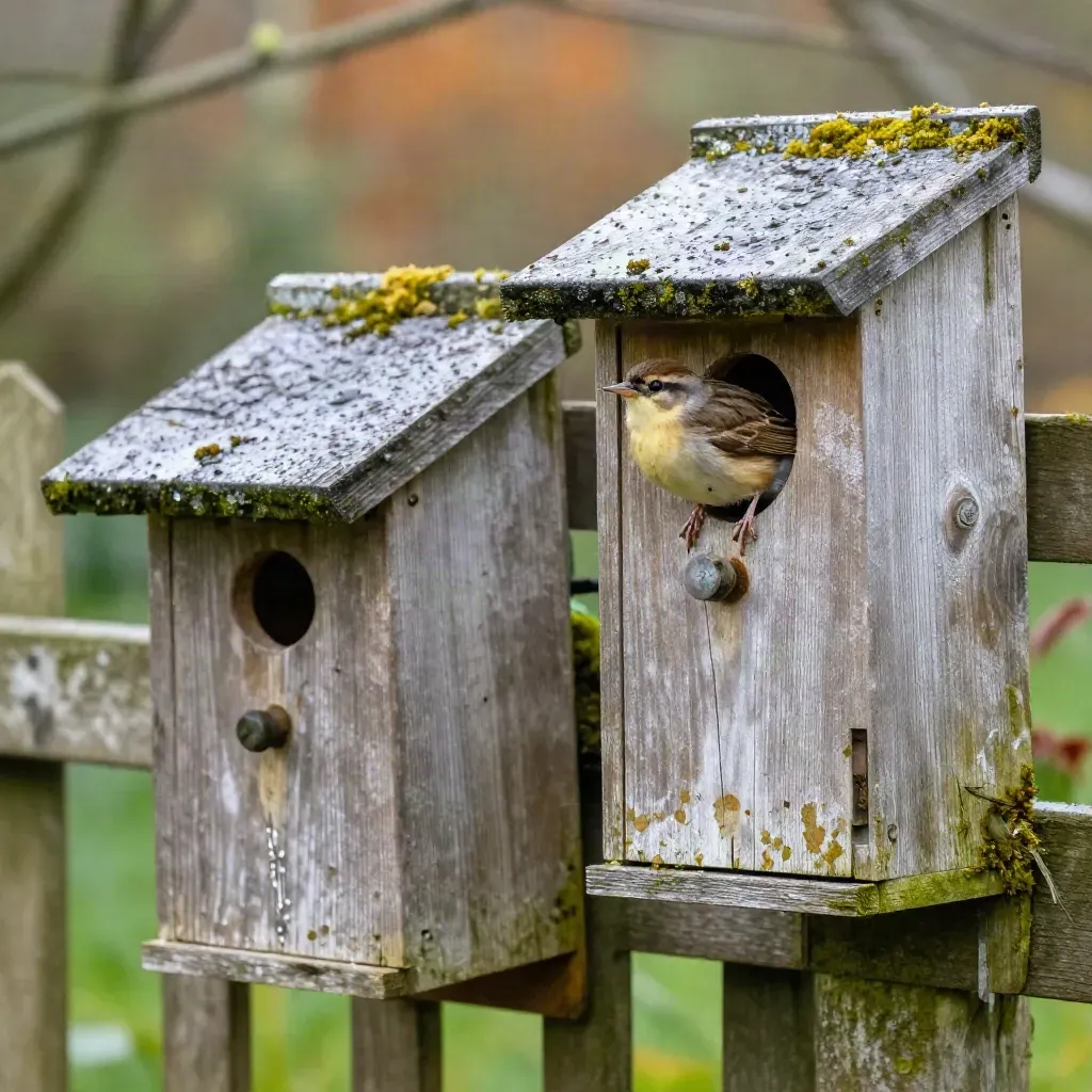 Verwitterte Nistkästen am Gartenzaun, ein Kleinvogel verschwindet am Rand ins Holz