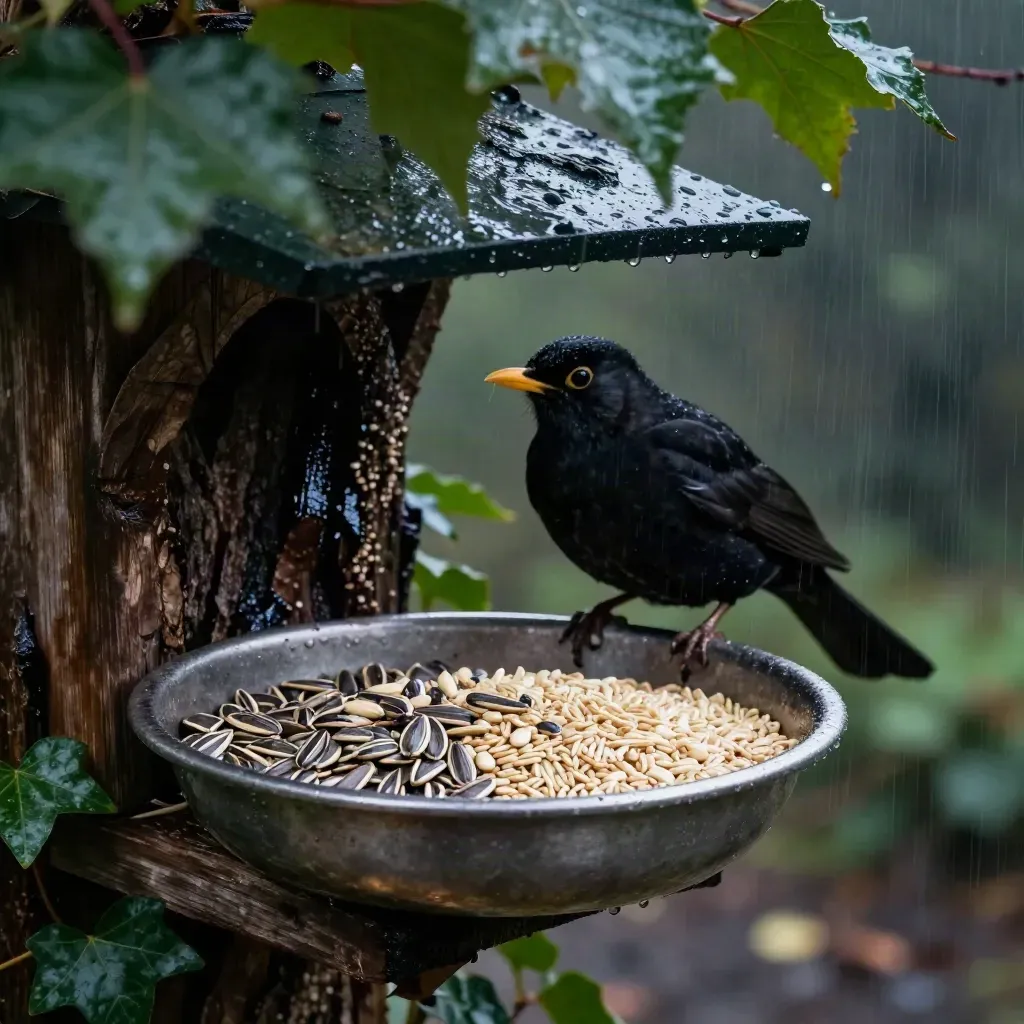 Regensicherer Futterplatz unter Blättern, Tropfen perlen ab, ein Amselvogel wartet.