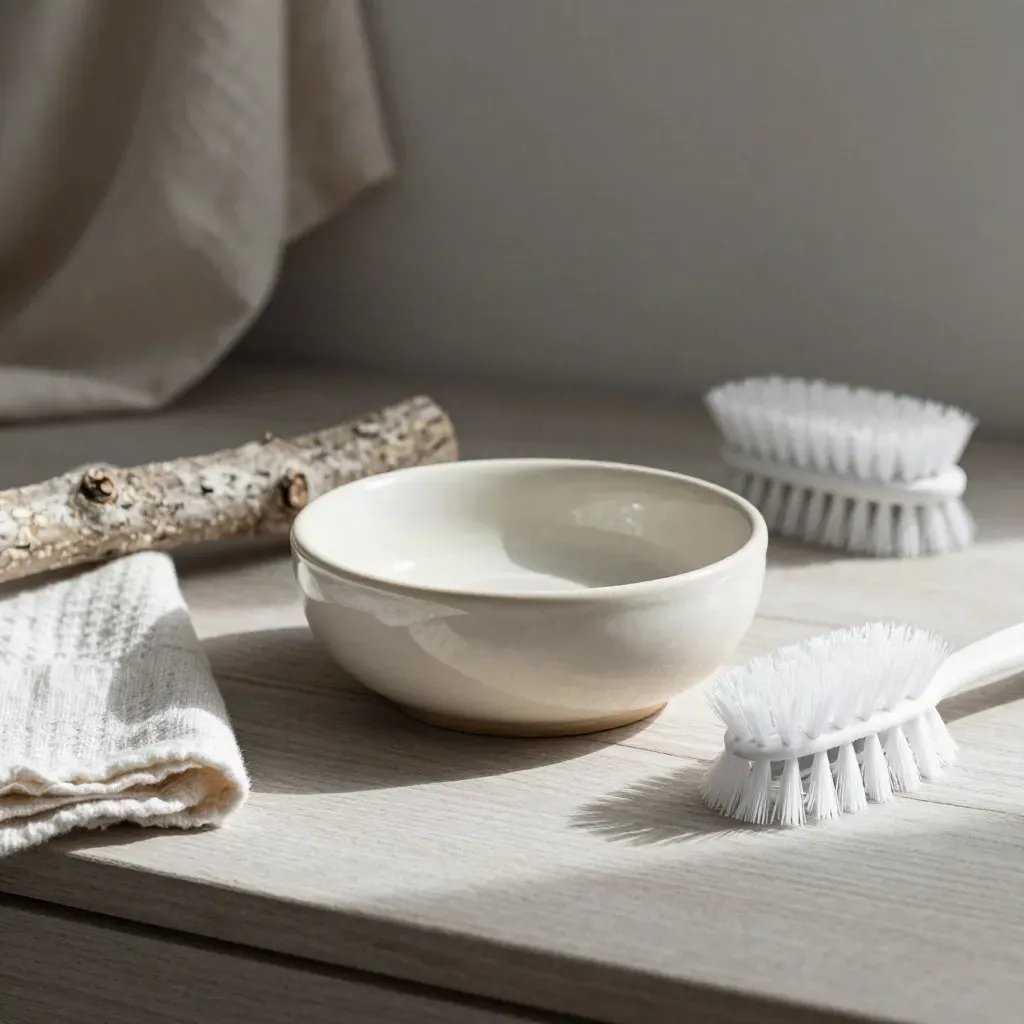 Pflegestation für Heimvögel mit Keramik-Wasserschale, Sitzast, Tuch und Bürste auf hellem Holz