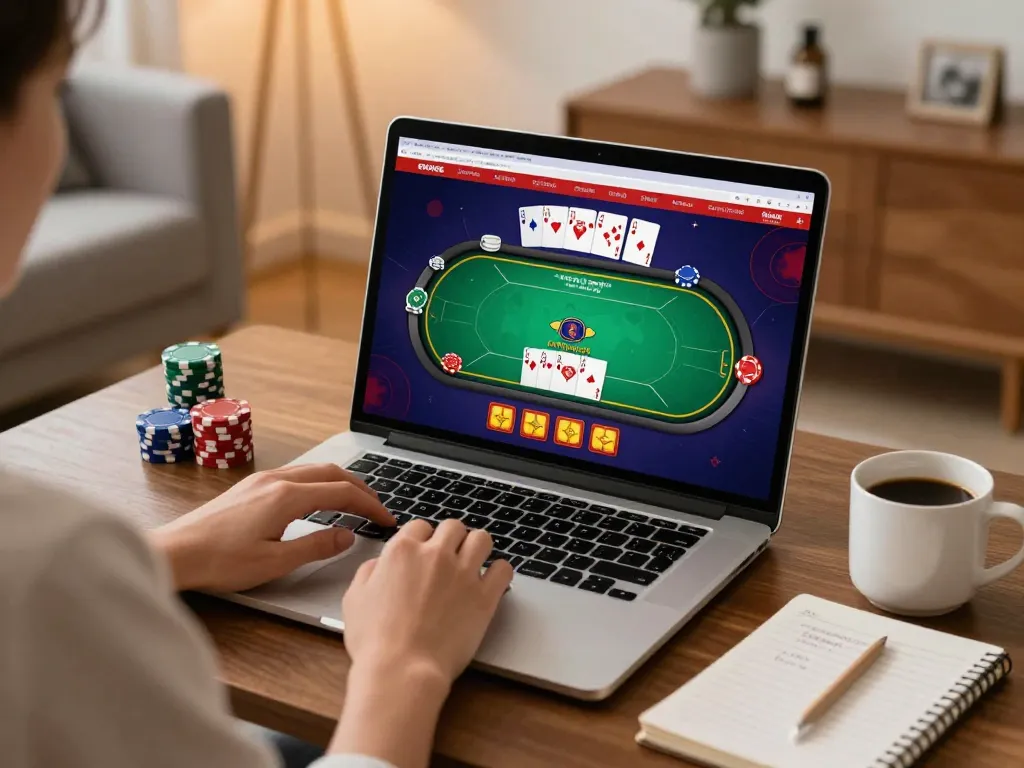 MB66 player engaging with online poker game on a laptop in a cozy home setting