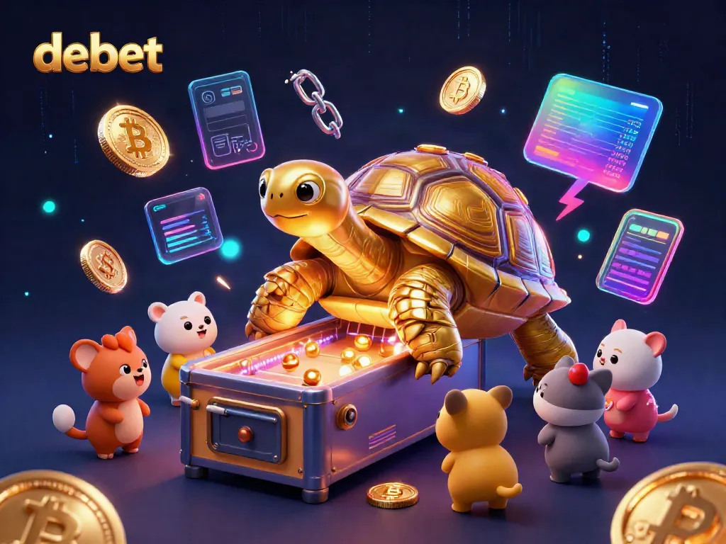 Engage with debet's thrilling gaming experience featuring golden tortoises and vibrant crypto elements.