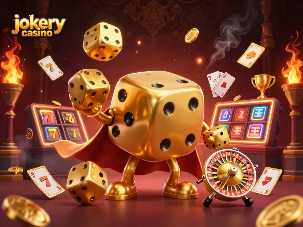 Experience slots excitement with the dynamic scene of jokery casino featuring golden dice and thrilling elements.