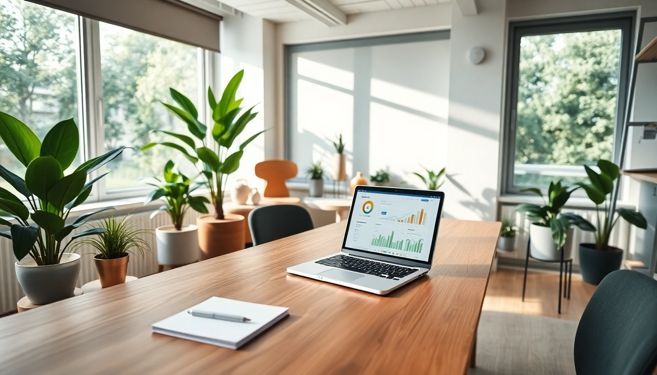 Showcase an innovative workspace of a pflegemarketing agentur with analytics on a laptop.
