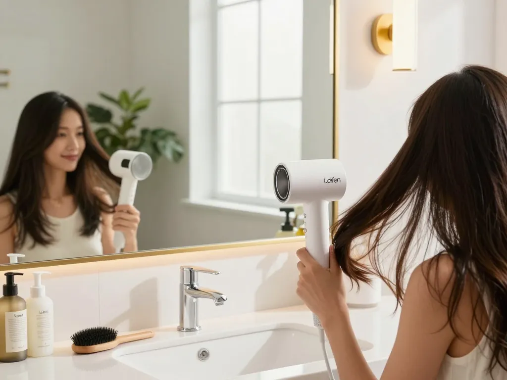 Müheloses Styling mit dem Laifen Haartrockner UK in einem eleganten Badezimmer.