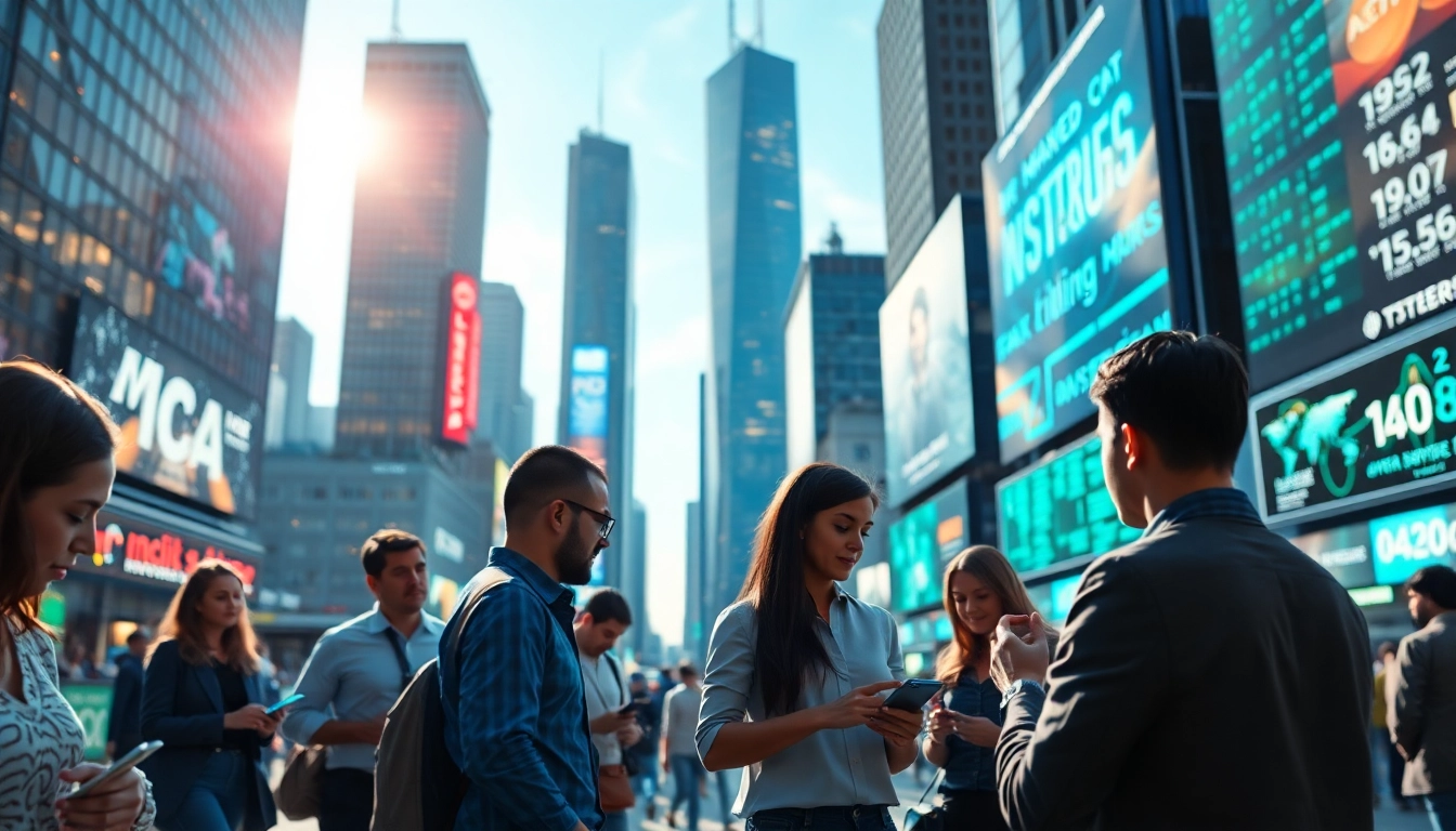 Analyse der Internet Trends in einer lebhaften Stadt mit modernen Geräten.