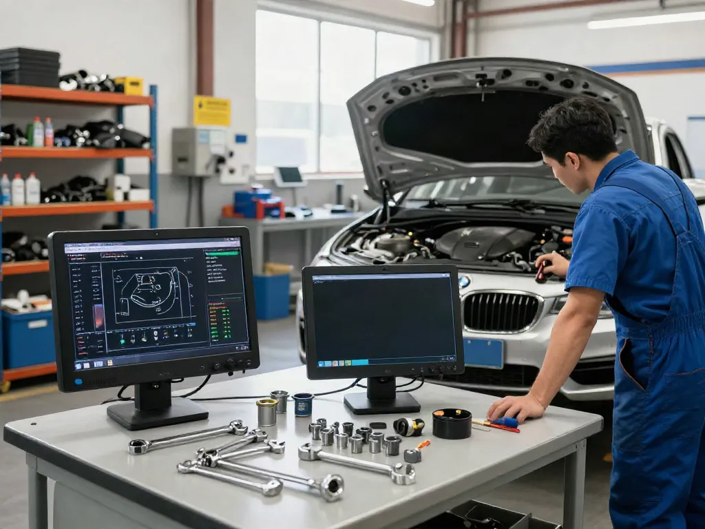 Mechaniker bei der Arbeit am BMW Steuerkette wechseln in einer professionellen Werkstatt.