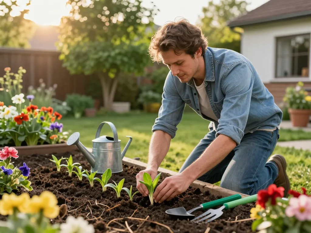 Gardener planting sommerporree seedlings in a vibrant backyard garden with tools and flowers.