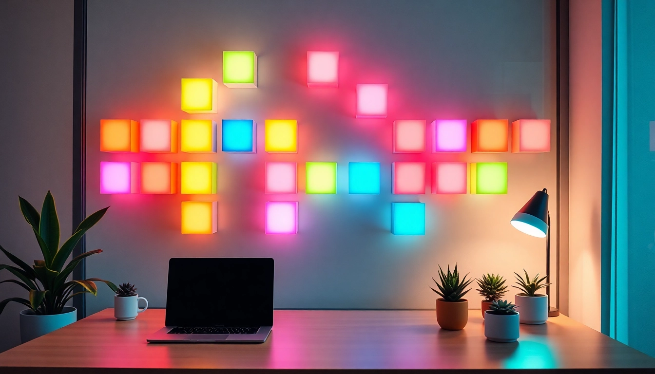 The Nanoleaf Block Test showcases a stylish workspace with ambient RGB lighting and modern decor.