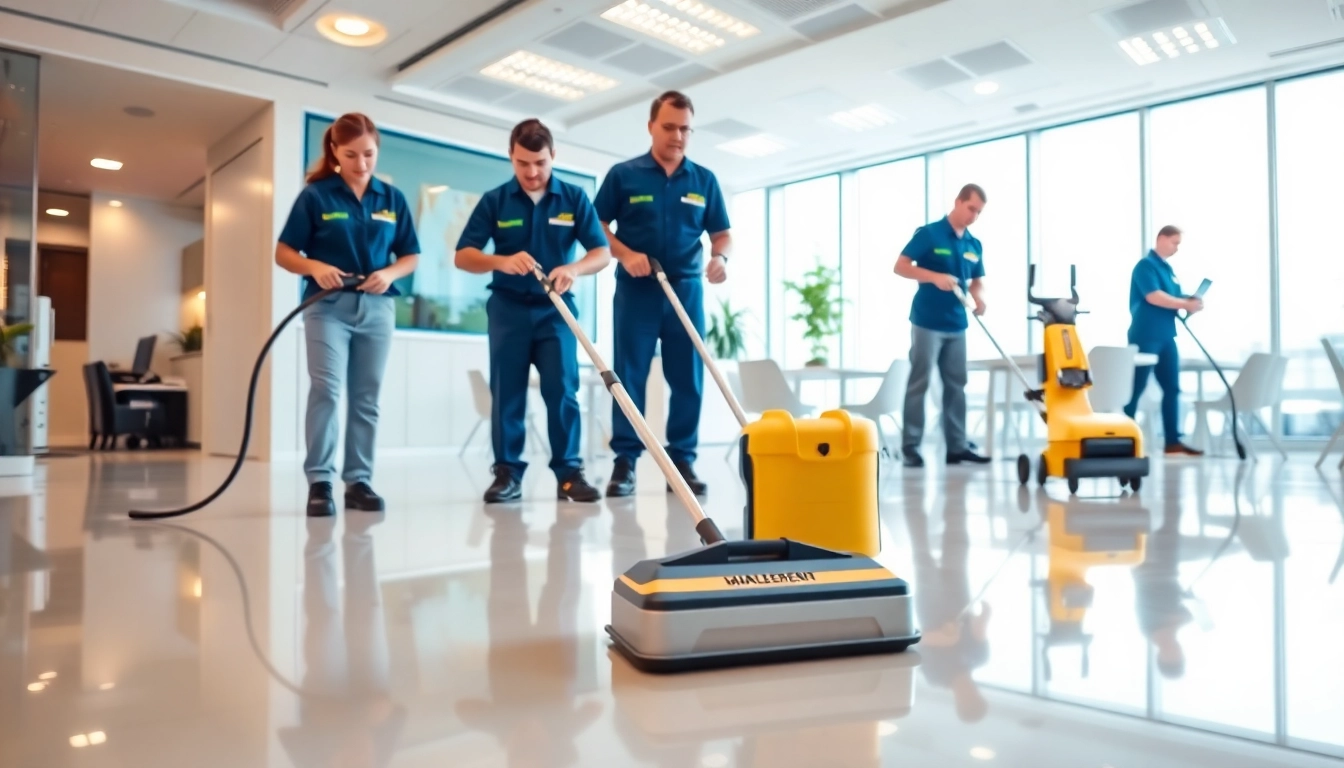 Professionelles Team bei der Gebäudereinigung Ulm putzt einen modernen Bürobereich.