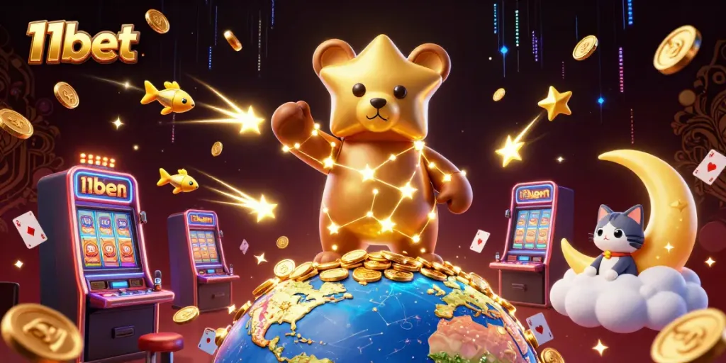 11bet showcases a magical gambling scene where a golden bear and fish bring excitement with slot games and coins.