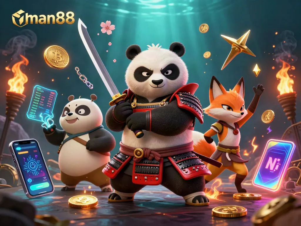 Experience thrilling bets with man88 featuring samurai panda and ninja fox in a dynamic casino scene.