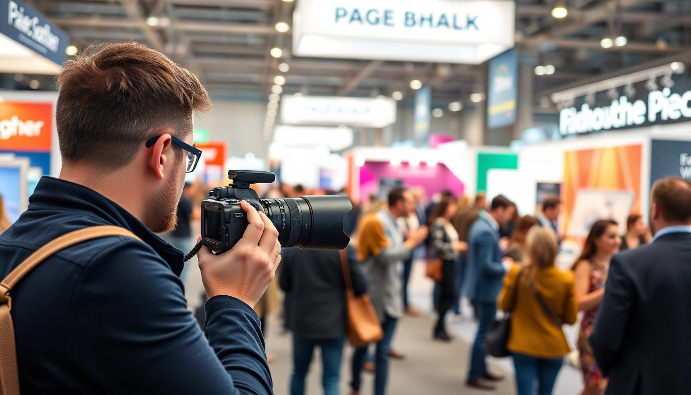 Messefotograf München während einer lebhaften Messe mit Interaktionen zwischen Teilnehmern.