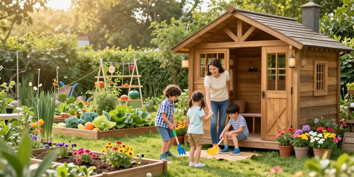 Gartenhäuser in einem einladenden Garten mit glücklicher Familie und bunten Blumen.