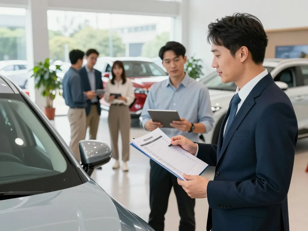 Autohändler bewertet ein Fahrzeug in einem einladenden Showroom mit fröhlichen Kunden und modernen Autos.