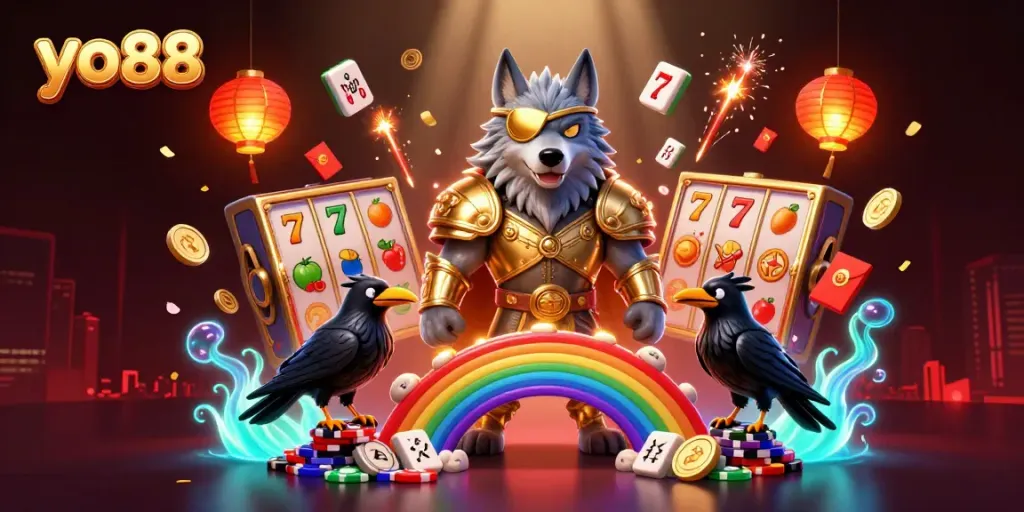 Experience epic jackpots at yo88 with the golden-eyed Odin wolf and ravens amidst dazzling winning symbols.