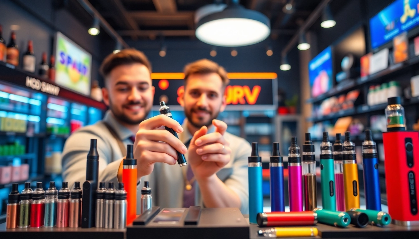 Vape shop displays HQD SURV vapes with expert guidance in a colorful environment.