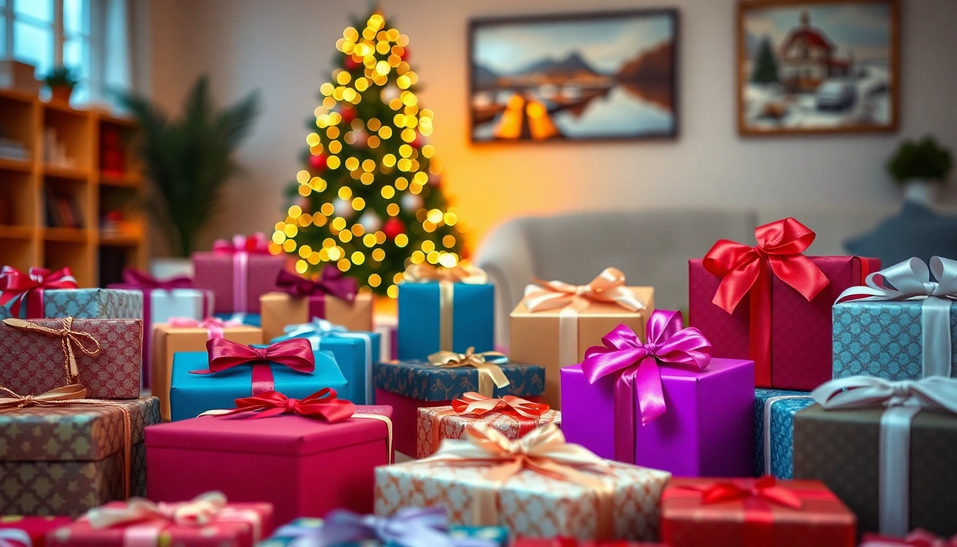 Vielfältige Geschenkideen mit festlich verpackten Geschenken und einer einladenden Atmosphäre.