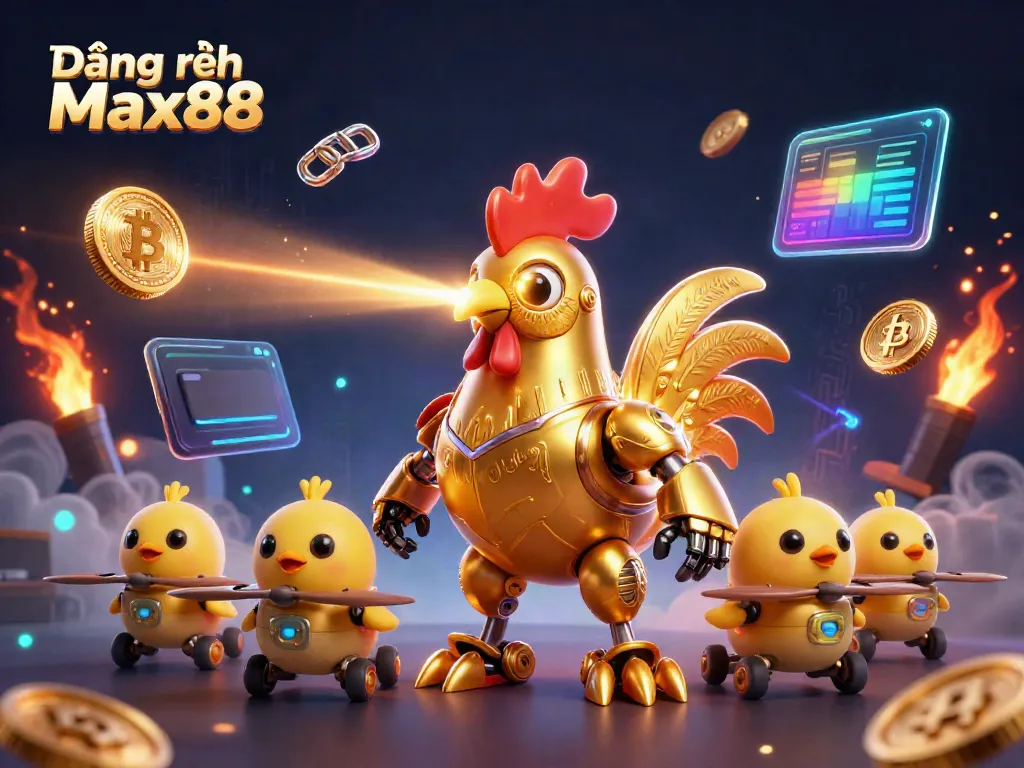 Engage with the thrilling world of Đăng ký Max88, featuring a futuristic robot and baby chick drones amidst a vibrant casino environment.