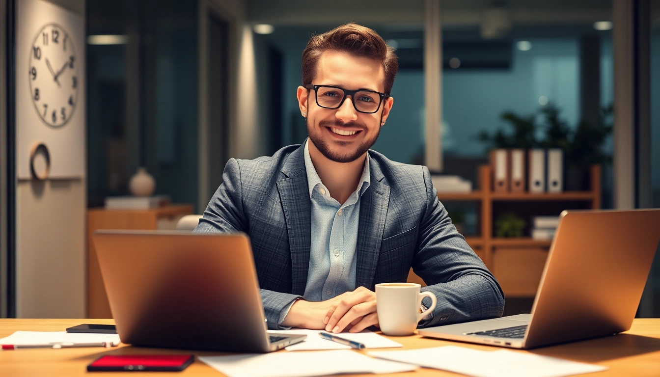 Vertriebs-Headhunter im modernen Büro fokussiert und professionell tätig.