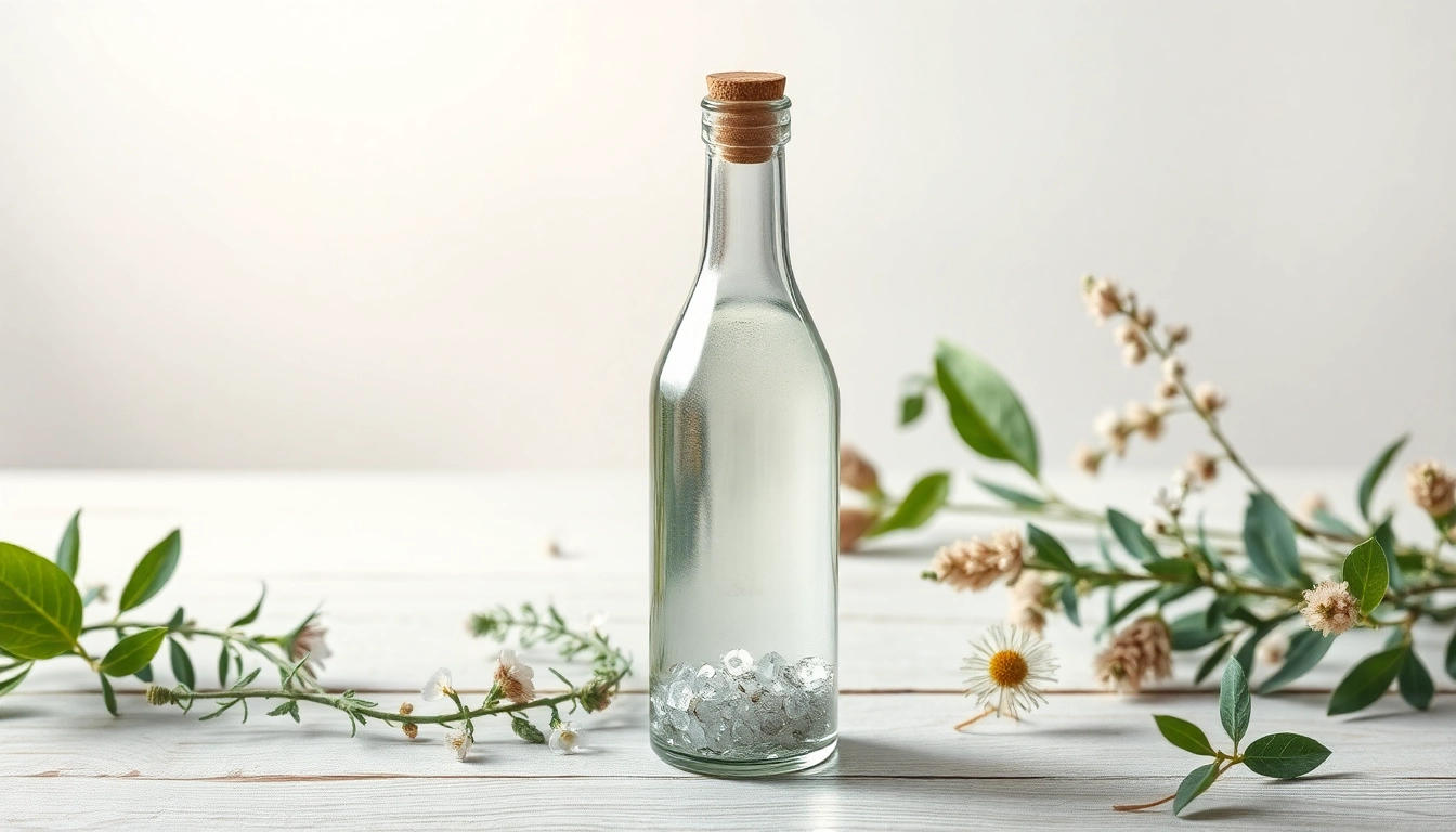 olloidales Silber kaufen: Reinheit und Qualität durch elegantes Stillleben mit Silberflasche und natürlichen Kräutern.